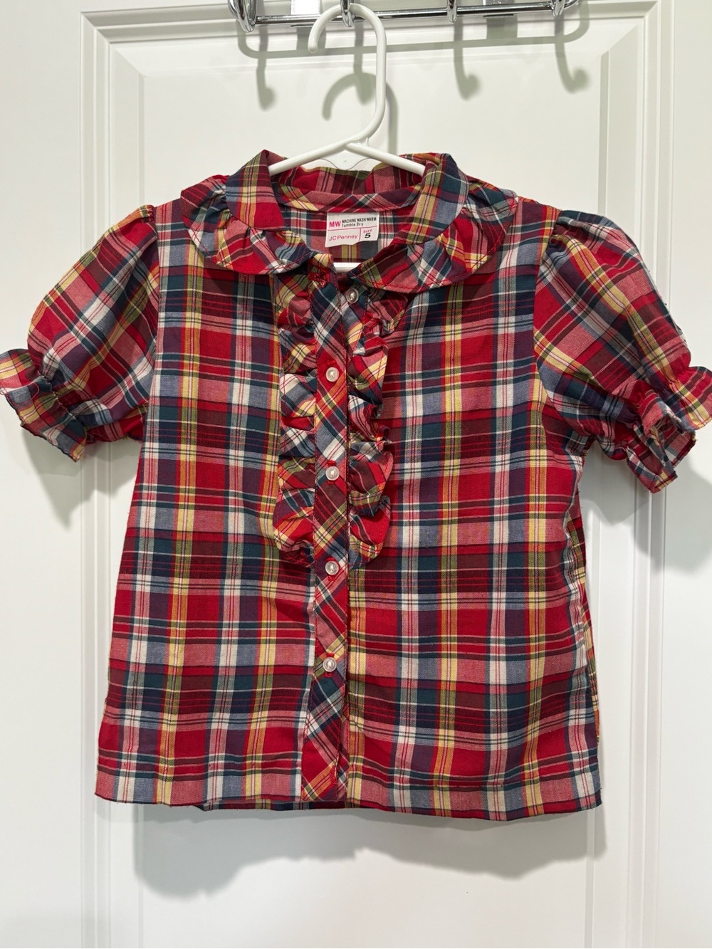 Vintage 70s jcpenney Red Plaid Ruffle-Front Girls Blouse
